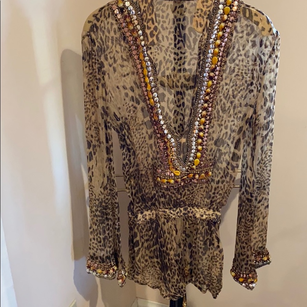 Leopard print long sleeve beaded neck and arms top